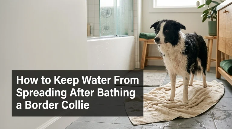 Wet Border Collie standing on an absorbent towel after a bath to prevent water spreading indoors.