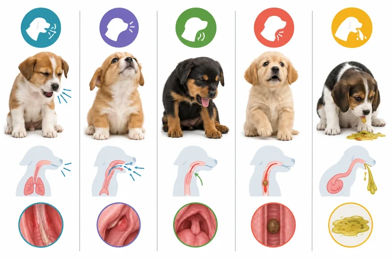 Comparison graphic showing kennel cough versus reverse sneezing, gagging, choking, and vomiting in puppies