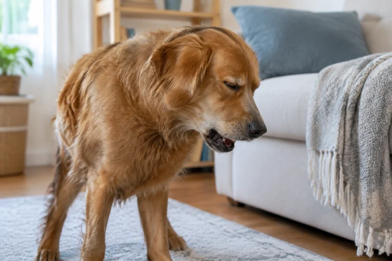 Dog coughing in a quiet home setting