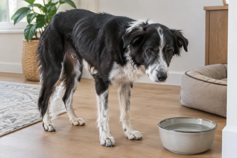 A tired dog standing near a water bowl with a dull expression