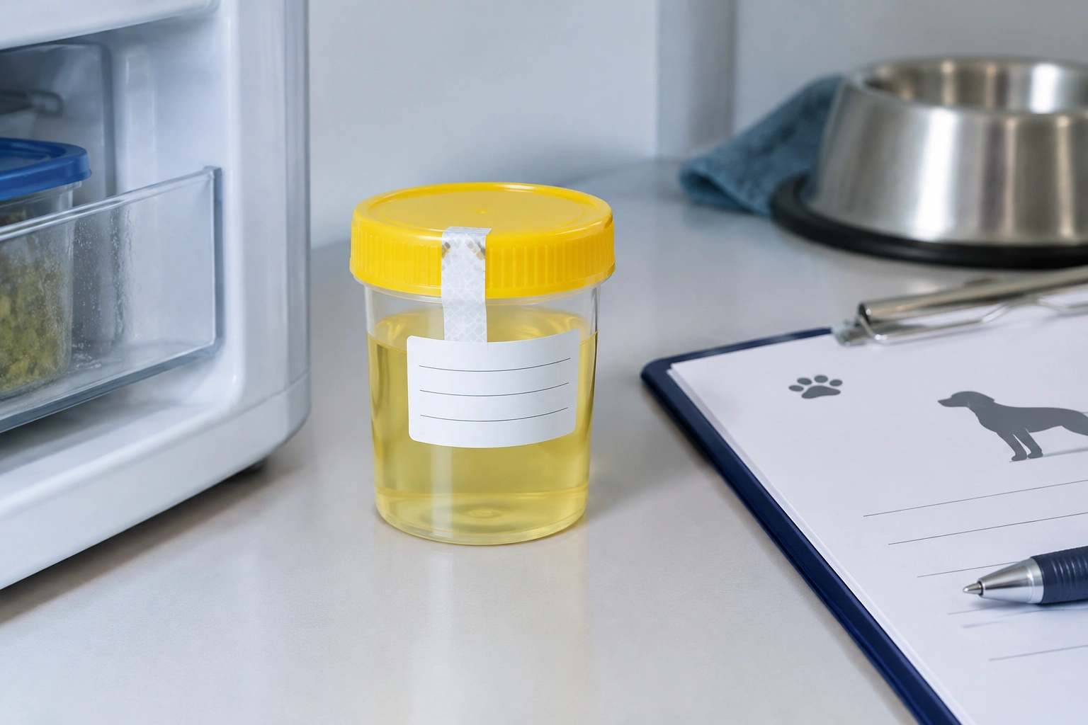 Labeled dog urine sample container ready for vet transport