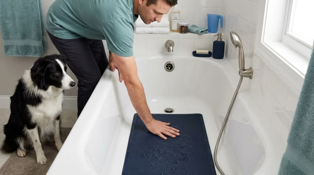 Owner checking a wet non-slip bathtub mat while a Border Collie waits beside prepared bathing supplies.