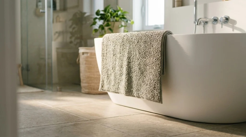 Well-ventilated bathroom with drying bath mat and clean tile floor.