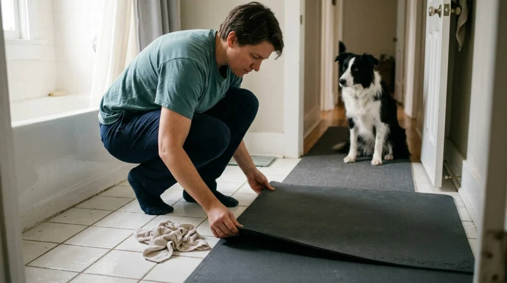 Owner testing a secured bathroom mat while a Border Collie waits beside a dry tile pathway