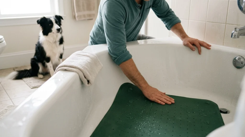 Dog owner pressing a textured non-slip rubber mat into a bathtub before bathing a Border Collie