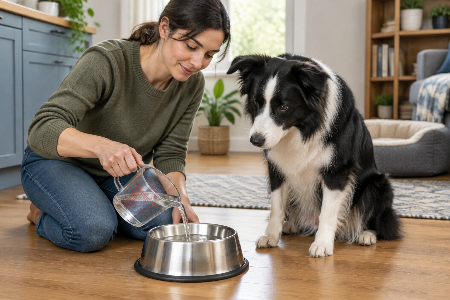 Owner measuring dog water intake at home
