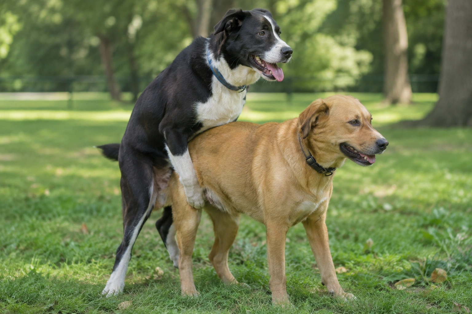 Neutered dog mounting another dog at a park