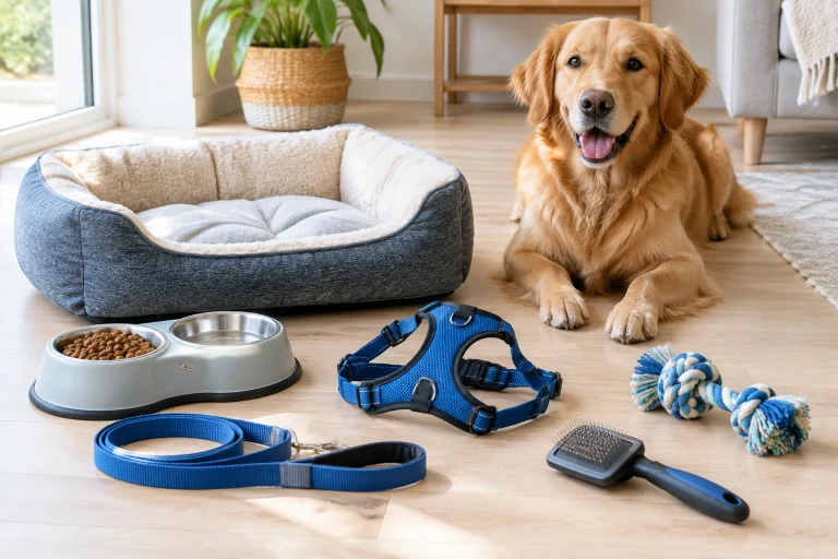 New pet care essentials laid out for a beginner