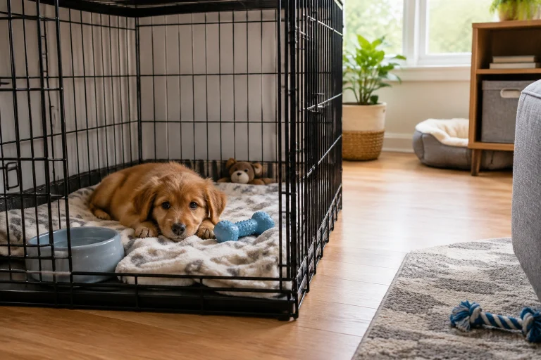 A puppy resting in a crate beside a water bowl and soft blanket