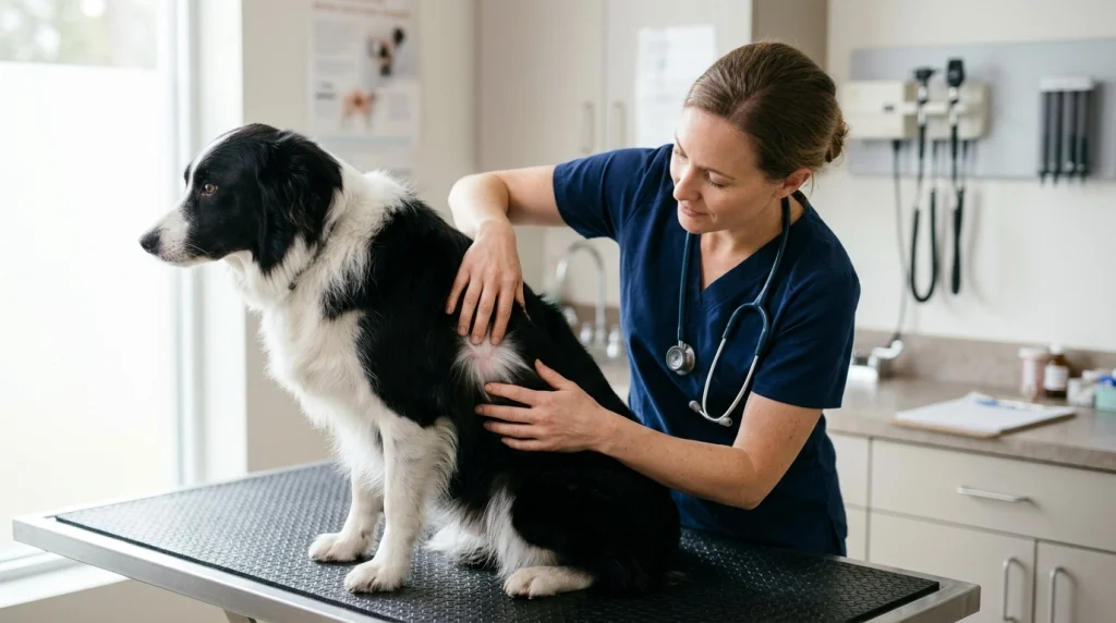 Veterinarian examining a Border Collie's coat texture and skin health.