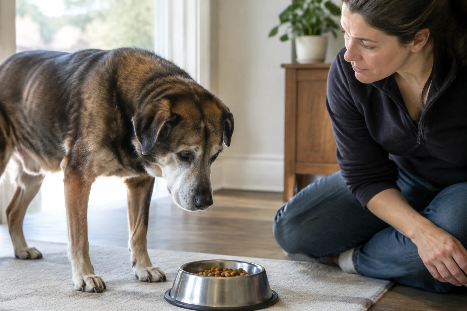 Senior dog refusing to eat while owner checks the food bowl