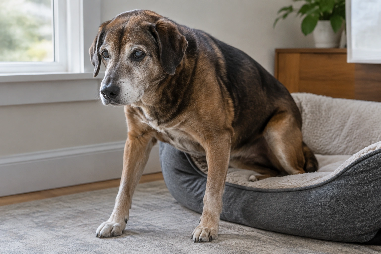 Older dog rising slowly after resting