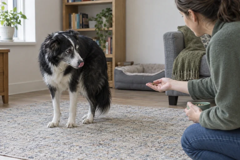 Older dog showing subtle stress signals during socialization training