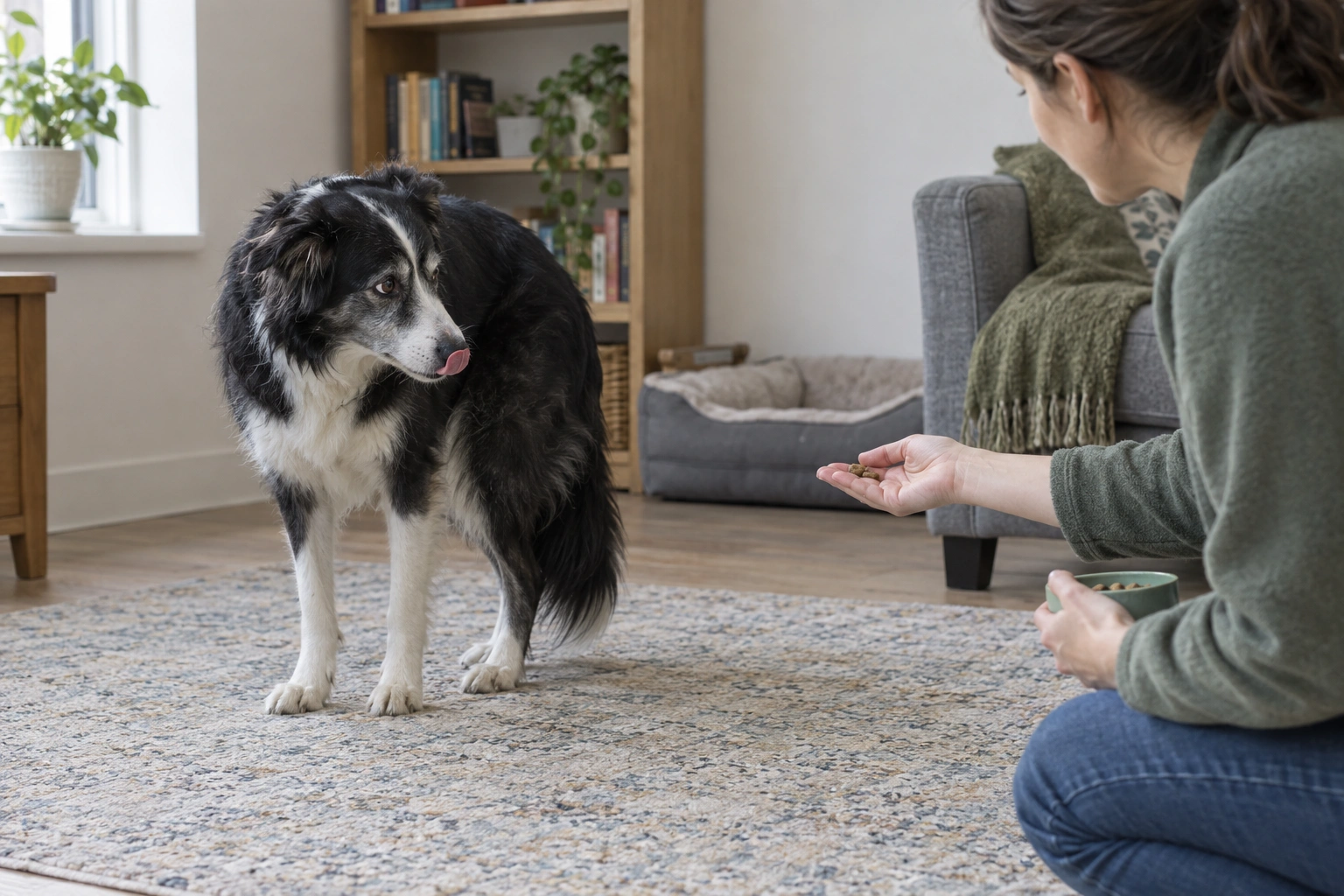 Older dog showing subtle stress signals during socialization training