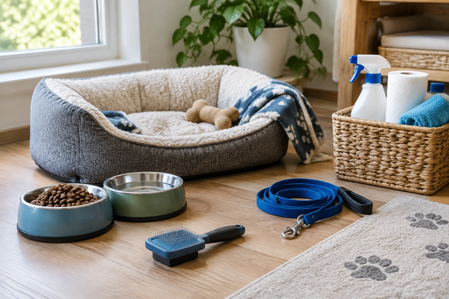 Pet care starter supplies including food, bedding, bowl, and grooming tools