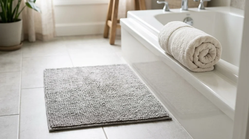 Neat bathroom setup with absorbent towels and nonslip mat ready for dog bath time.