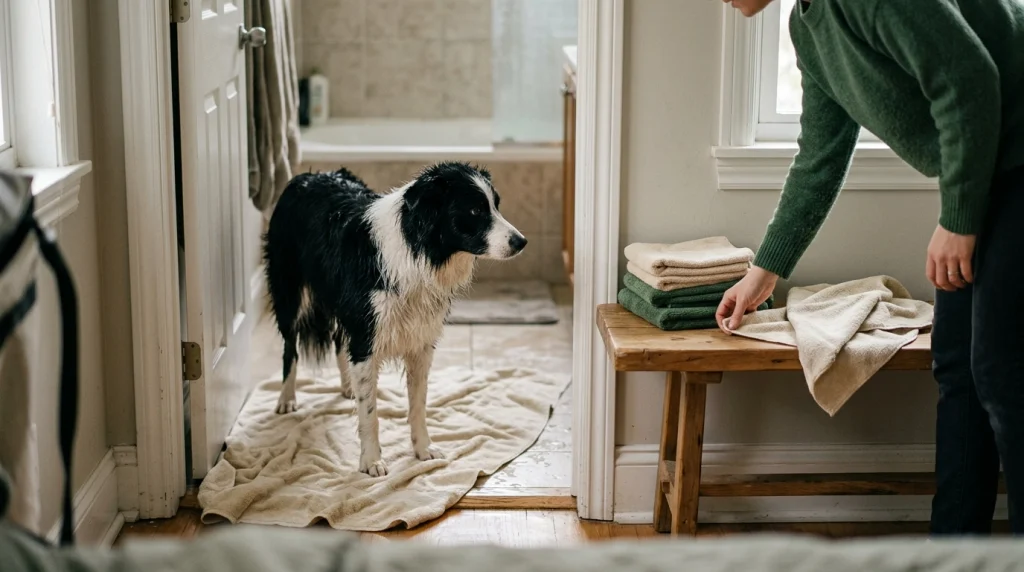 Damp Border Collie standing on a towel beside a prepared post-bath drying station.