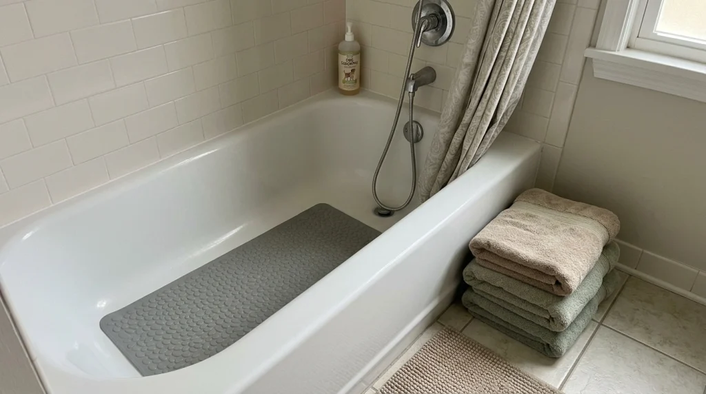 Prepared bathtub with a non-slip mat and towels ready for dog grooming.