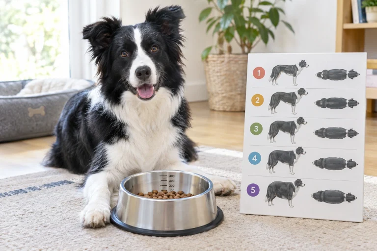 Border Collie receiving a measured meal beside a body condition score chart
