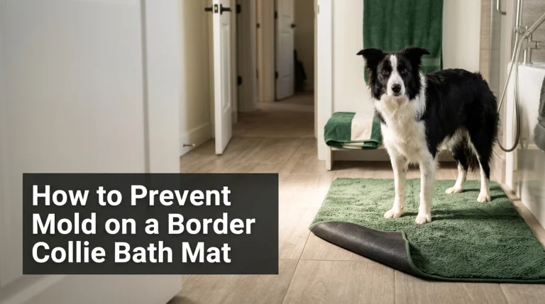 Black-and-white Border Collie beside a washable bath mat in a clean, ventilated bathroom.