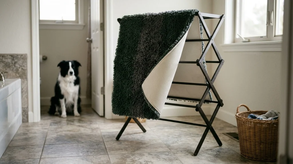 Dog bath mat drying with airflow around its absorbent surface and non-slip backing.