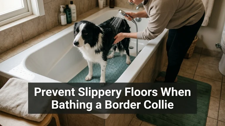 Border Collie standing on a non-slip bathtub mat with a dry bathroom exit mat.