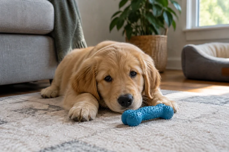 A young puppy resting beside a chew toy in a quiet home