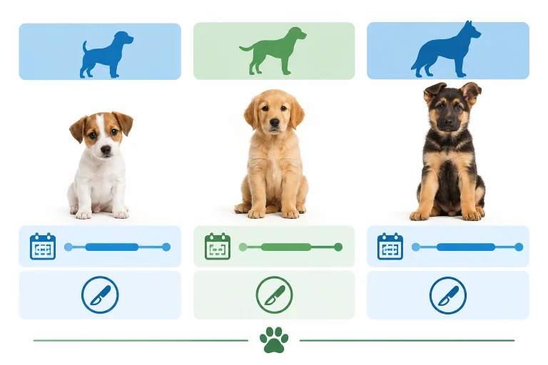 comparison chart showing puppy neutering age ranges by size