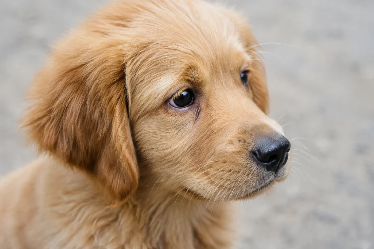 Close-up of a puppy with a slightly watery eye outdoors