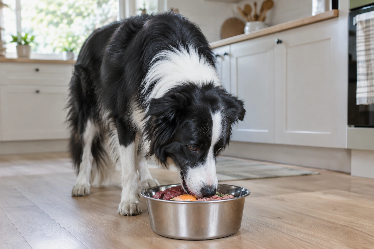 Border Collie eating a raw food meal from a bowl