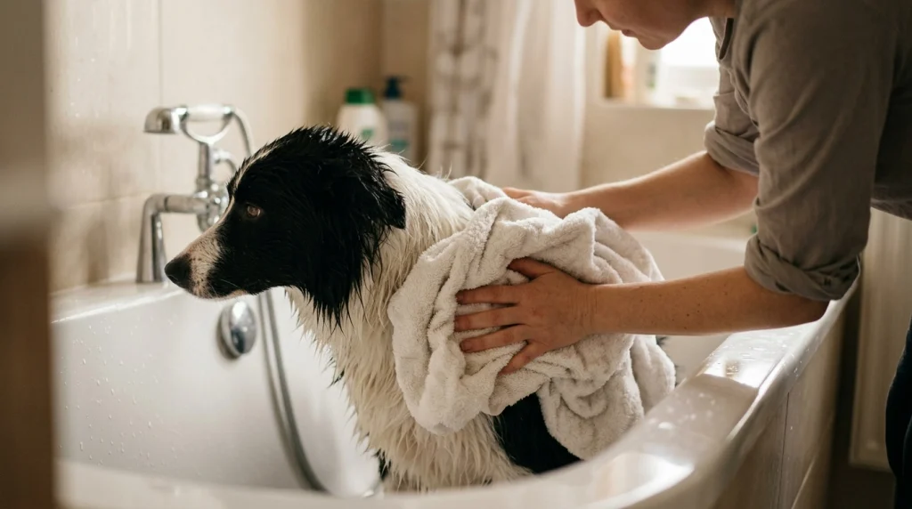 Person gently blotting moisture from a wet Border Collie with a towel in the tub.