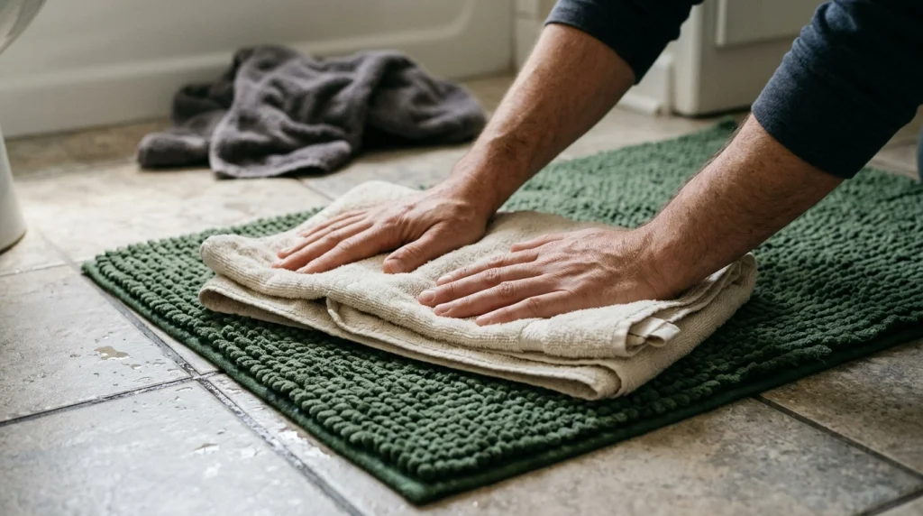 Hands pressing a clean towel onto a damp Border Collie bath mat to absorb excess water.