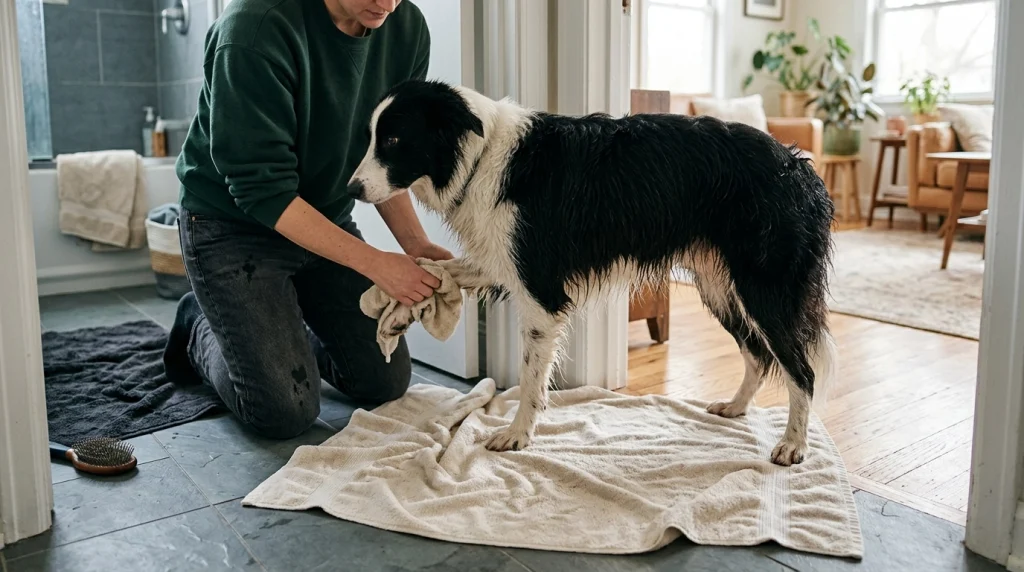 Person checking a Border Collie's damp paw on a towel before the dog enters a dry living room.
