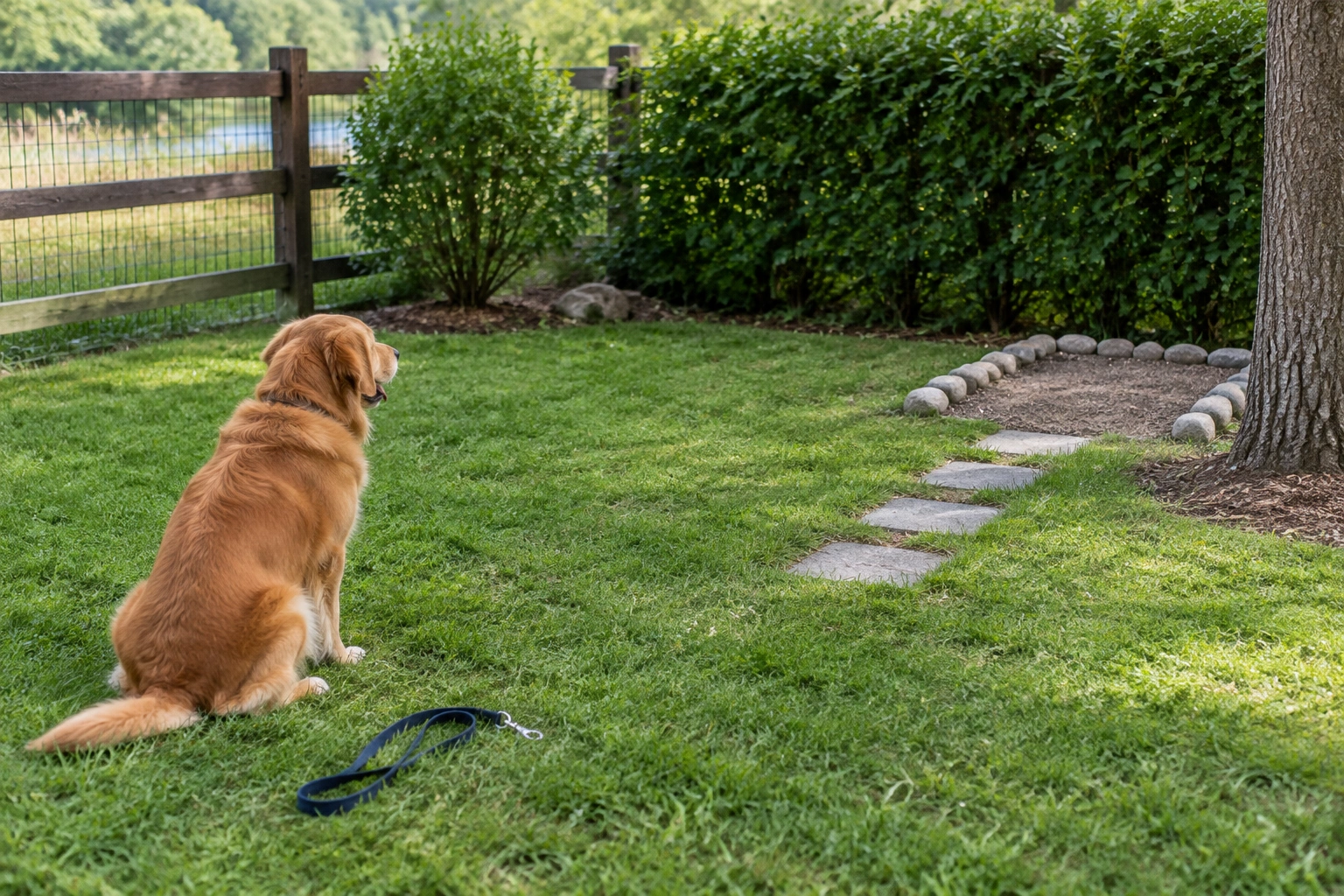 A quiet outdoor dog potty area with grass and a leash