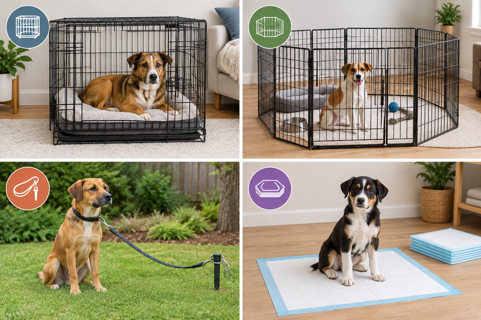 Comparison chart for crate, pen, tether, and pee pads in rescue dog potty training