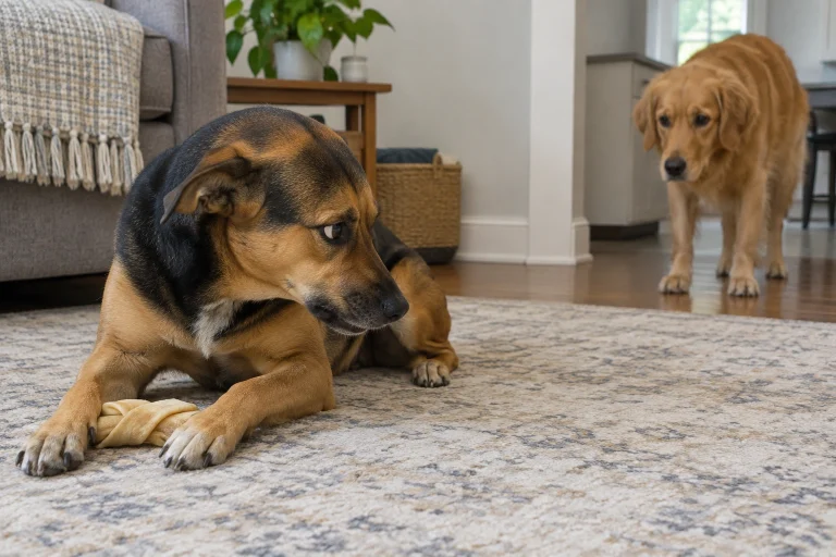 Two dogs showing early resource guarding around a chew