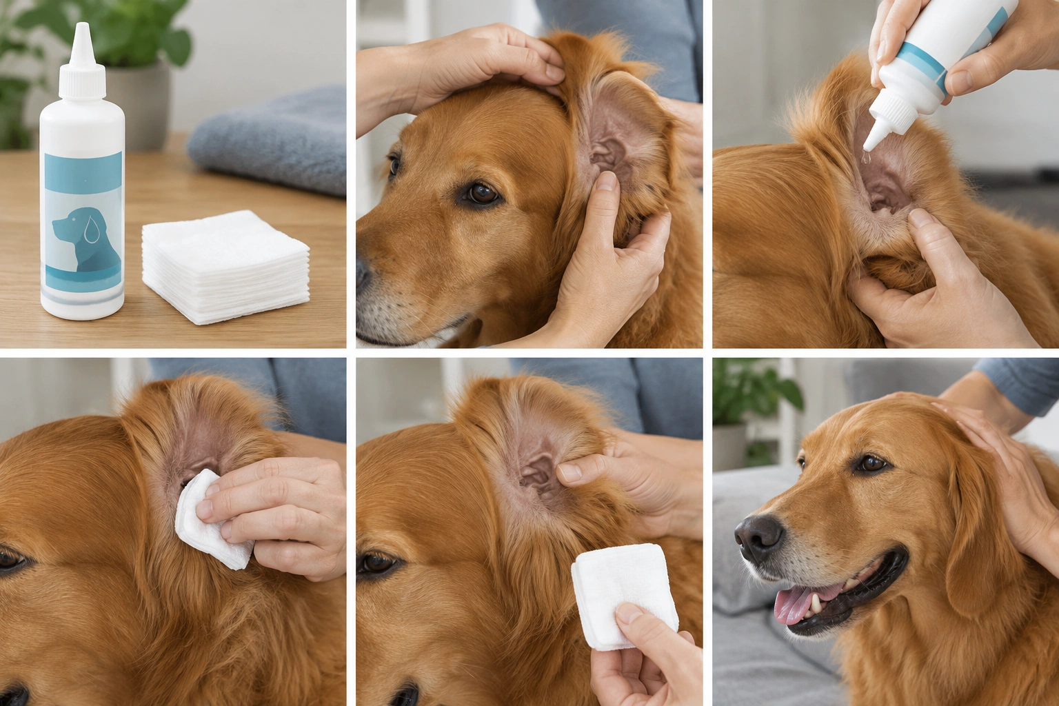 Safe dog ear cleaning with ear cleaner and gauze