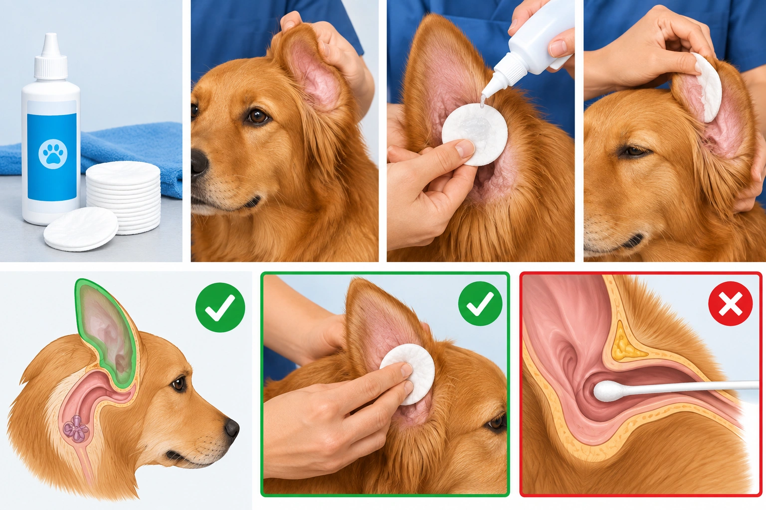 Illustration of safe dog ear cleaning around the outer ear