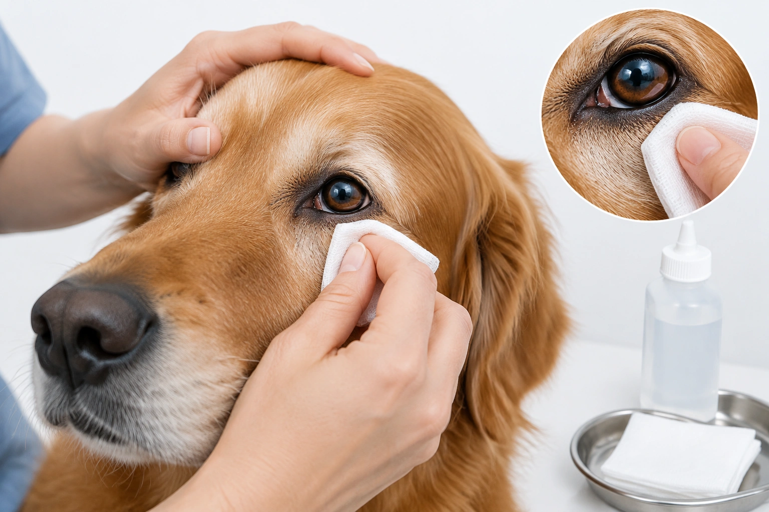 Owner gently wiping a dog’s eye area with gauze