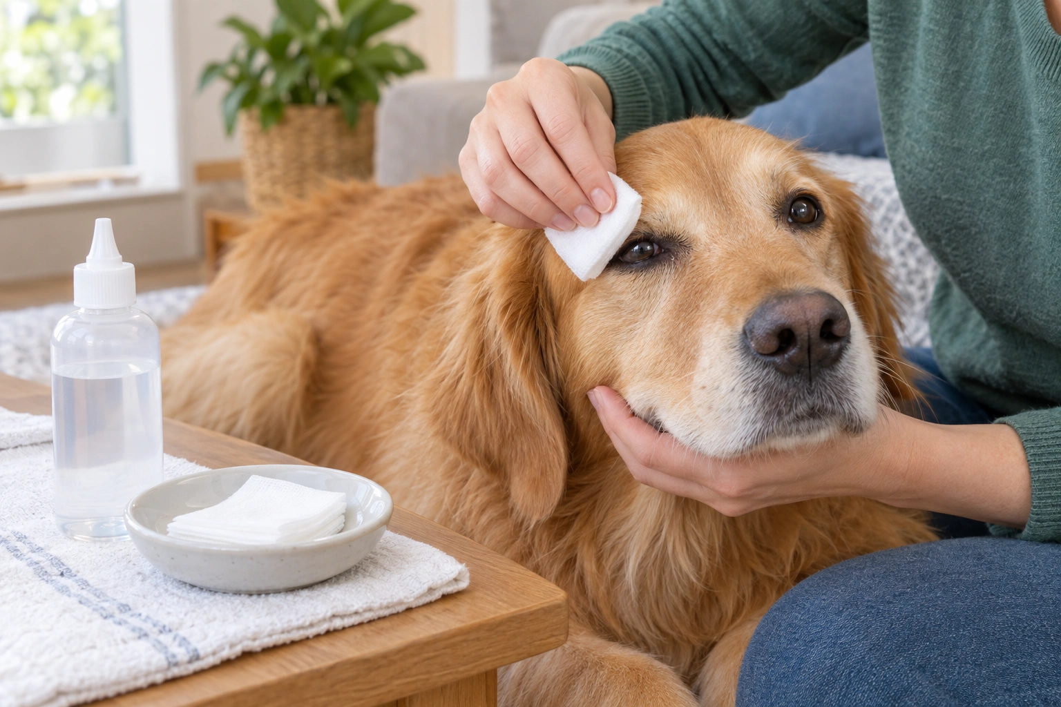 person gently wiping a dog's eye with saline and gauze