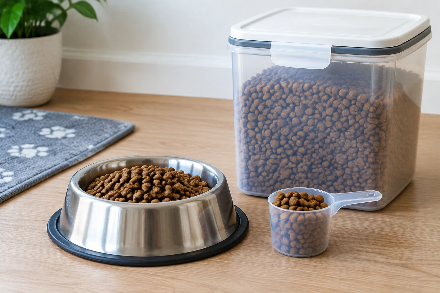 Dog food bowl with kibble and measuring cup