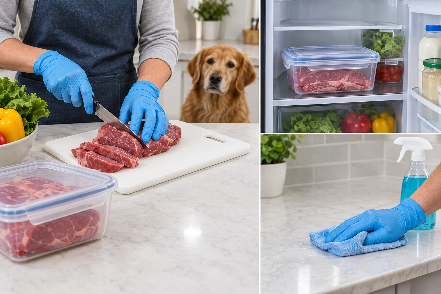 Clean kitchen setup for handling raw dog food safely