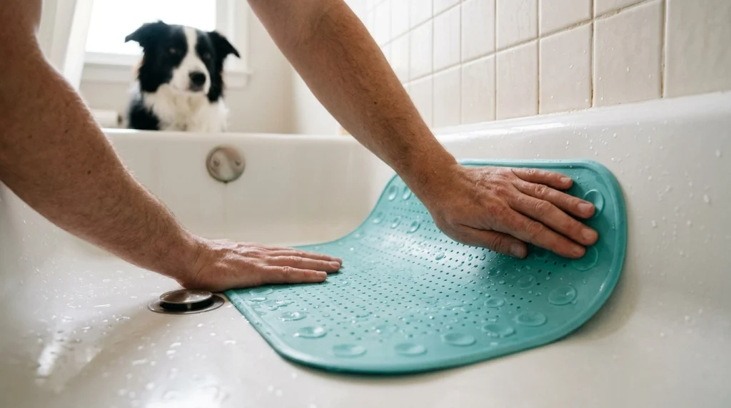 Hands pressing a teal suction-cup bath mat against a bathtub floor before bathing a Border Collie.