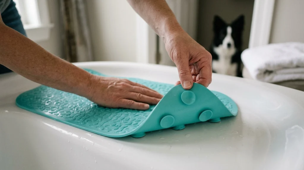 Hands pressing suction cups on an aqua Border Collie bathtub mat against a smooth white tub floor.