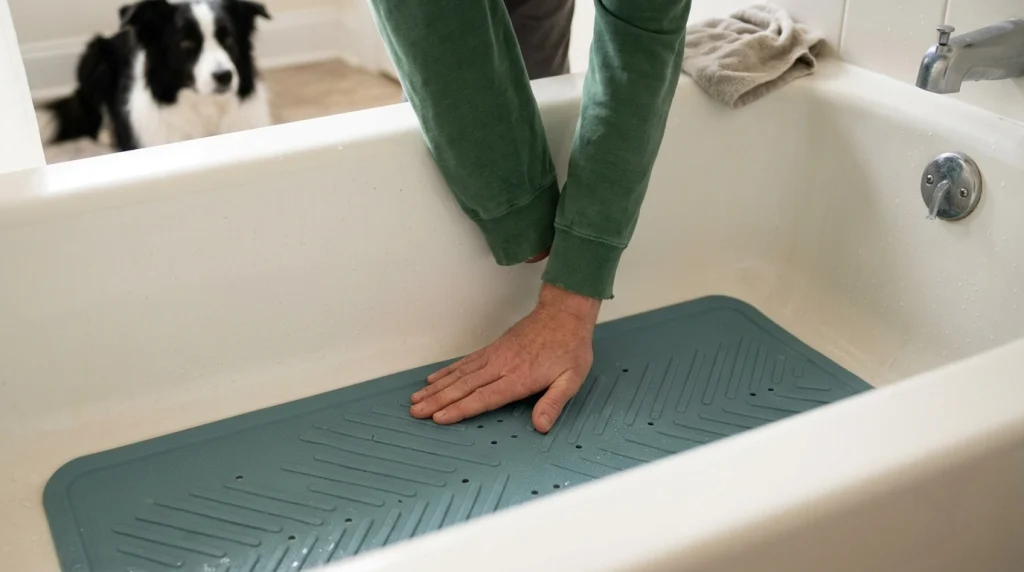 Owner checking the textured surface and secure edges of a non-slip dog bath mat inside a bathtub.