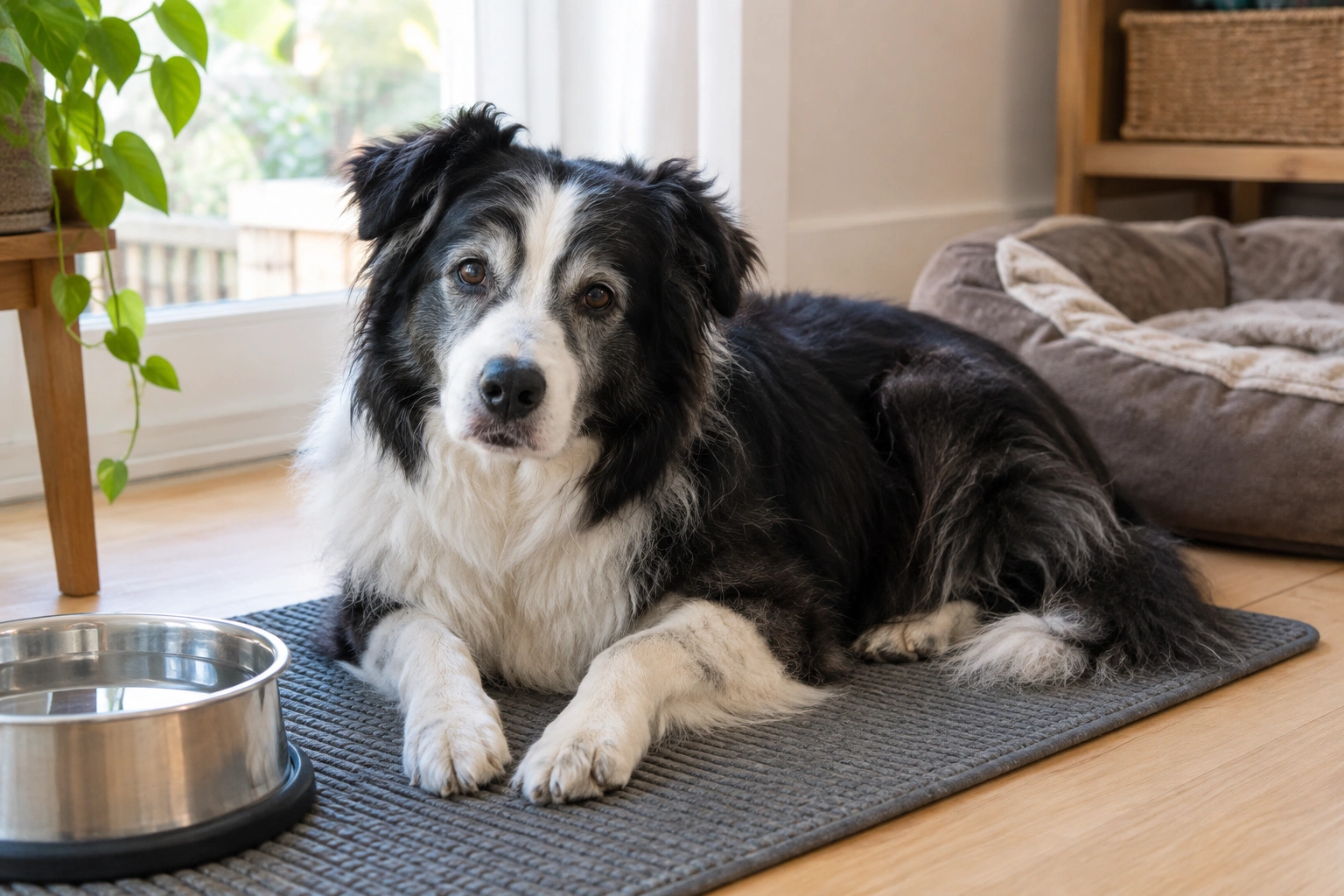 Border Collie resting on non-slip mat beside water bowl