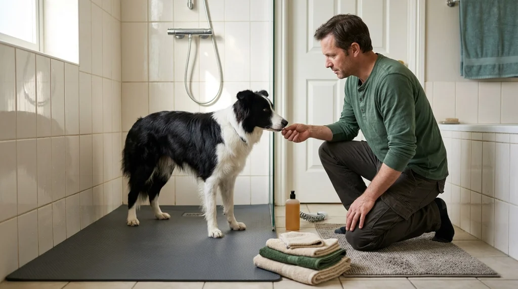 Border Collie standing on a secure shower mat with towels, supplies, and a second non-slip exit mat.