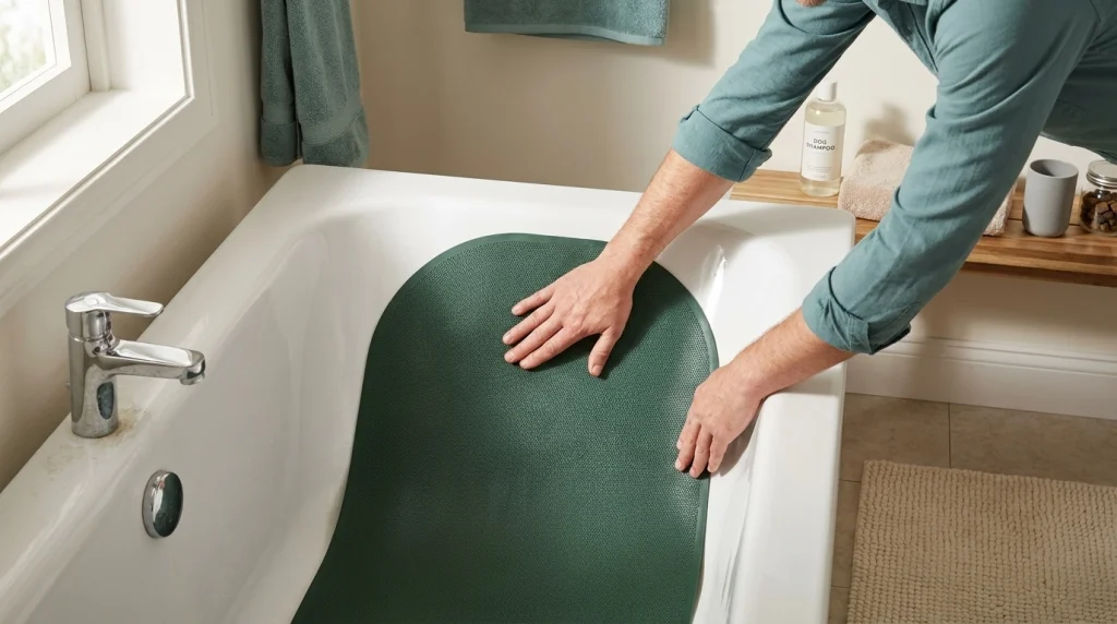 Pet owner pressing a rubber non-slip mat into a clean bathtub before bathing a Border Collie.