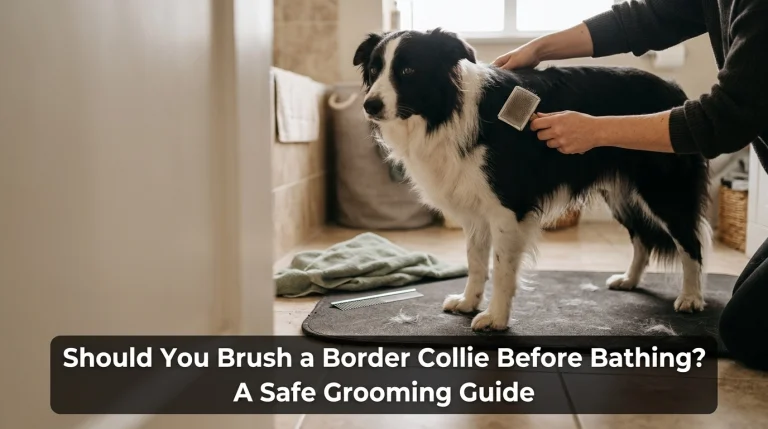 Black-and-white Border Collie being gently brushed before a bath at home