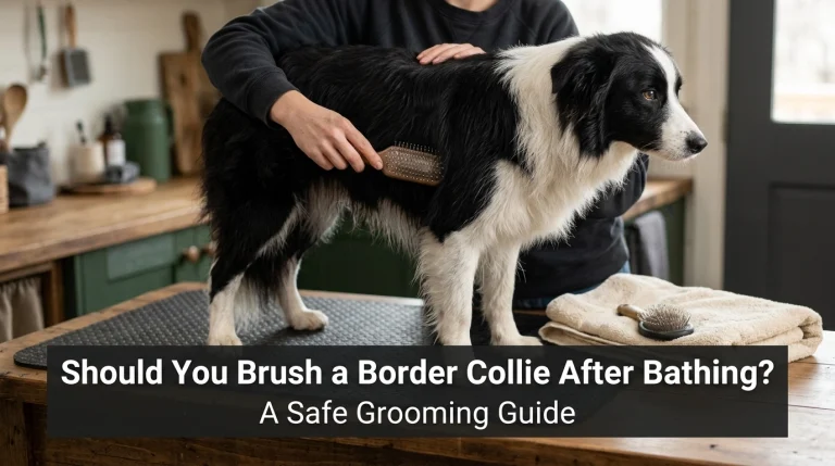 Border Collie receiving gentle brushing after a bath in a home grooming area.